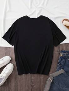 [Casual Plus Size T-Shirt] Plus Size Women's Casual "Allegedly" Letter Print Crew Neck T-Shirt| Short Sleeve Top For Spring And Summer, Comfortable Fashion Blouse - 黑色 - 查看 2