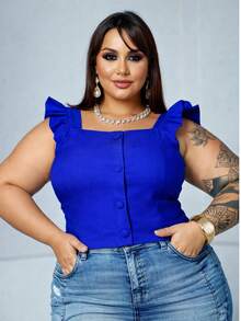 Women's Summer Plus Size Cropped Blouse With Ruffled Sleeves, Button Detail, Back Zipper, Curve Look, Sizes 44 To 54 - Royal Blue - View 1