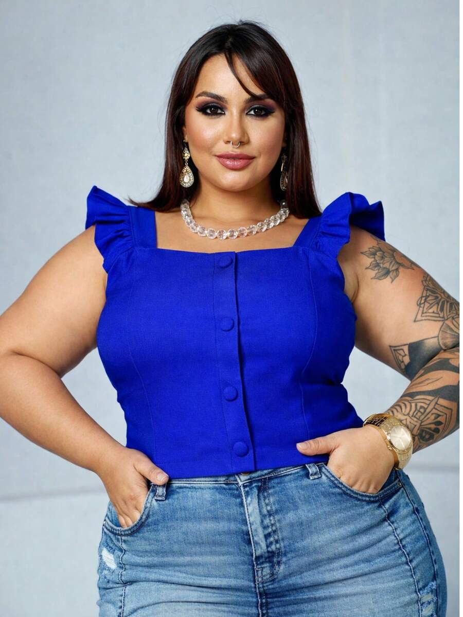 Women's Summer Plus Size Cropped Blouse With Ruffled Sleeves, Button Detail, Back Zipper, Curve Look, Sizes 44 To 54 - Royal Blue - View 1