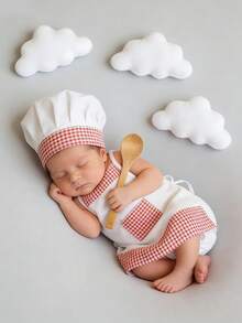 Infant Chef Theme Photography Outfit, 100 Days Celebration/Full Moon Photo/Family Interaction Shooting, Infant Photography Props, Chef Theme, Full Moon Photo Creative, INS Style Plush Cloud Photography Props, Newborn 100 Days Photo Background - Multicolor - View 3