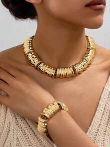 1 Set 2pcs Women Jewelry Set, Gold Coil Shaped Necklace And Bracelet Set, Exaggerated Luxury Vintage Elegant Fashion Suitable For Valentine's Day Gift, Party And Daily Wear - Yellow Gold - View 7