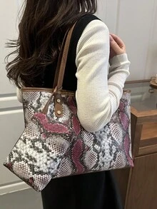 时尚简约大容量手提包，新款时尚蛇纹质感手提包，带小肩包 - 紫色 - 查看 5