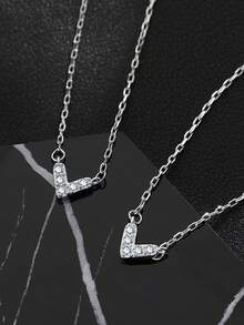 1pc S925 Sterling Silver V-Shaped Necklace, Women's Romantic Heart Pendant With Diamonds, Minimalist Dainty Clavicle Chain, Fashionable Versatile Necklace For Daily Wear - Love - View 5