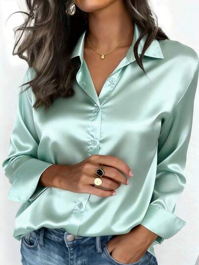 Women's Fashion Long Sleeve Shirt Collar Shirt Front Button Woven Fabric Regular Fit Blouse