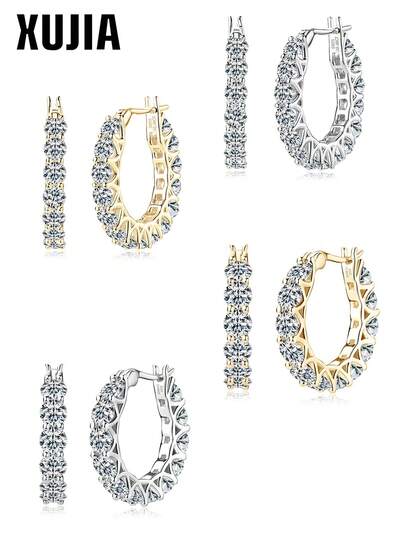 XUJIA 1 Pair Of Moissanite Earrings For Women 100% 925 Sterling Silver Hoop Earrings 3mm/4mm D Color Moissanite Earrings Sparkling Fashion Hoop Earrings Anniversary Birthday Jewelry Gifts For Her