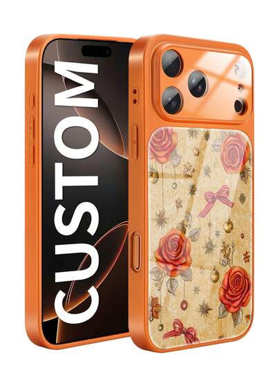1 Rose Flower Bow Painted Pattern, Large Window Design, High-Definition Glass Orange Anti Fingerprint Function Phone Case Compatible With Apple 17promax/17/Air/16/15/14/13/12/11 Series Phone Cases, Fashionable, Creative, Durable, Suitable As A Gift For Boyfriend/Girlfriend