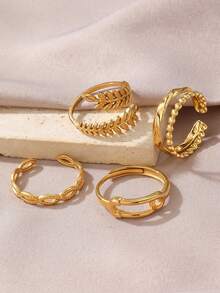 4pcs/Set Stainless Steel Hollow Leaf & Geometric Letter Rings, 18K Gold Plated, Women's Party Gift - Gold - View 6