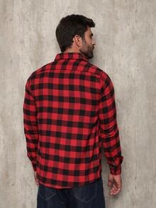 Men's Flannel Plaid Shirt, Long Sleeve Blouse - 紅色 - 查看 3