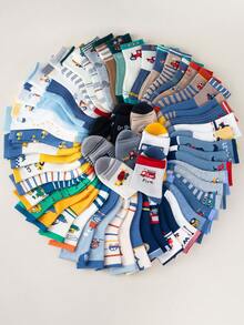 Random 1/5/10-Pair Packs Of Cute Cartoon Car-Themed Children's Socks, Striped Letter Patterns, Simple And Casual Style, Mid-Calf Socks For Boys' Everyday School Wear. - Multicolor - View 4