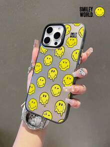 Expression 1pc Shock-Proof Full Coverage TPU Phone Case, IMD Matte Finish, Smiley World Yellow Cute Pattern, Compatible With IPhone 16, 15, 14, 13, 12, 11 Pro Max And Series - Multicolor - View 4