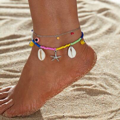 2pcs Summer Beach Style Starfish & Shell Pendant Anklet, Suitable For Women's Daily Wear