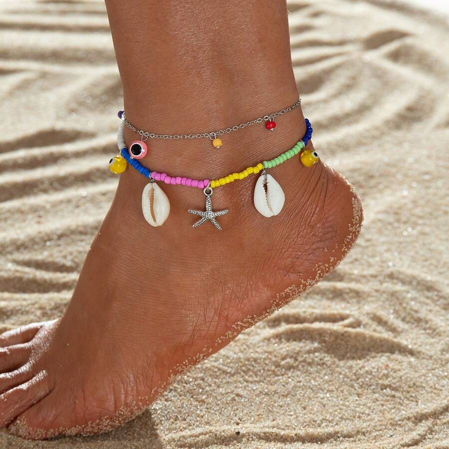 2pcs Summer Beach Style Starfish & Shell Pendant Anklet, Suitable For Women's Daily Wear - Multicolor - View 1