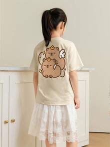 Camiseta de manga corta con cuello redondo y estampado casual para niñas preadolescentes, top de verano - Albaricoque - Ver 2