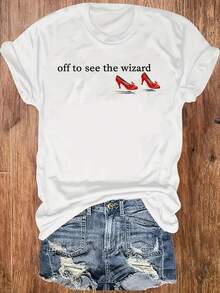 1Pc  Off To See The Wizard Wizard Of Oz Women'S T-Shirt |   Nostalgic Vibe Red Ruby Slippers Print, Comfortable All-Season, Crew Neck, Regular Fit, Slight Stretch Fabric   Women's Graphic Round Neck Short Sleeve Tee, Valentine St. Patrick Easter Theme, Casual Daily Wear - màu đen - Xem 5
