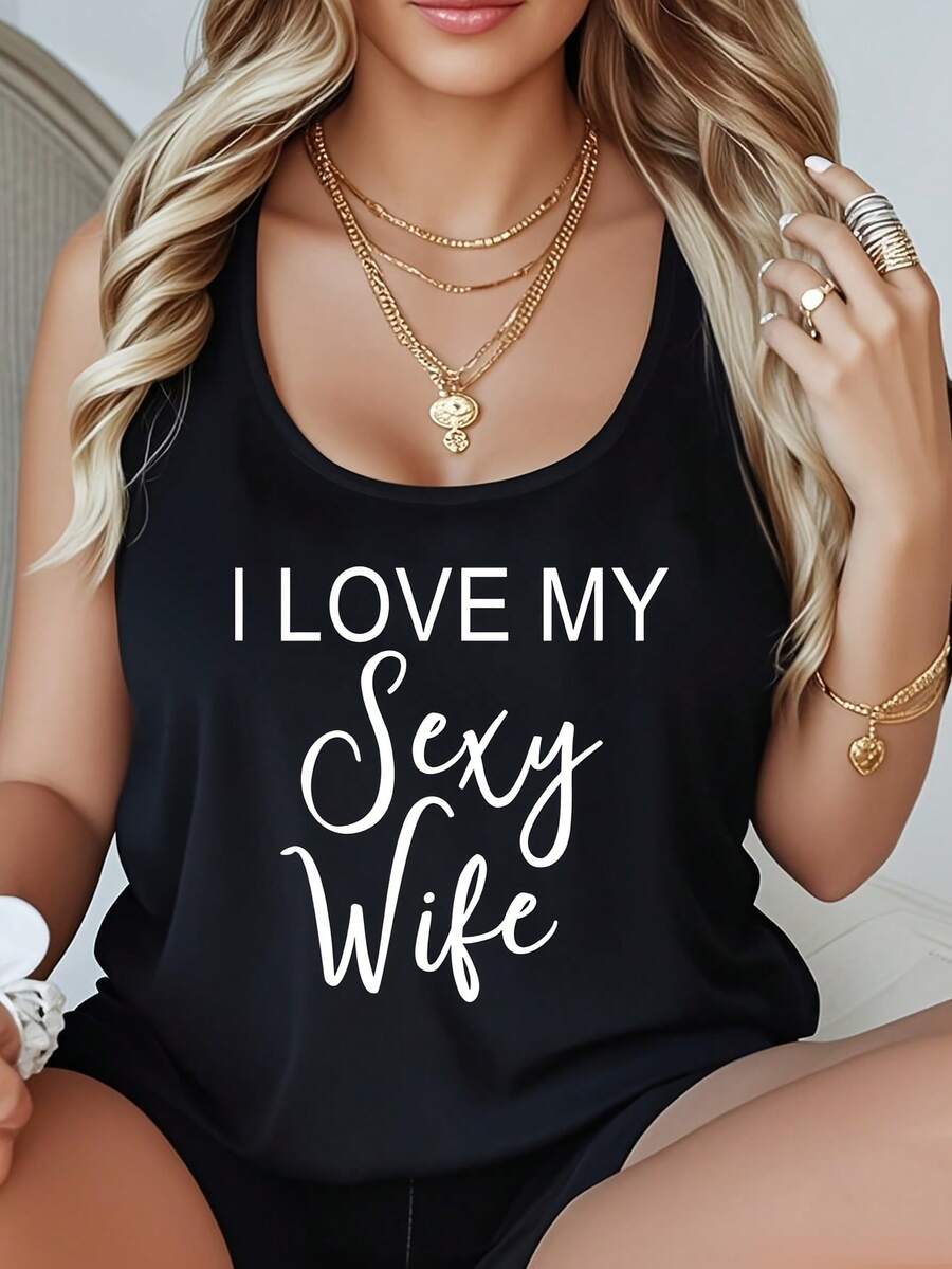 I Love My Sexy Wife Cute Funny Husband Marriage Women's Plus Size Graphic Tank Casual Sleeveless T-Shirt Summer Vest Suitable For Daily Home Fitness And Exercise - 黑色 - 查看 1