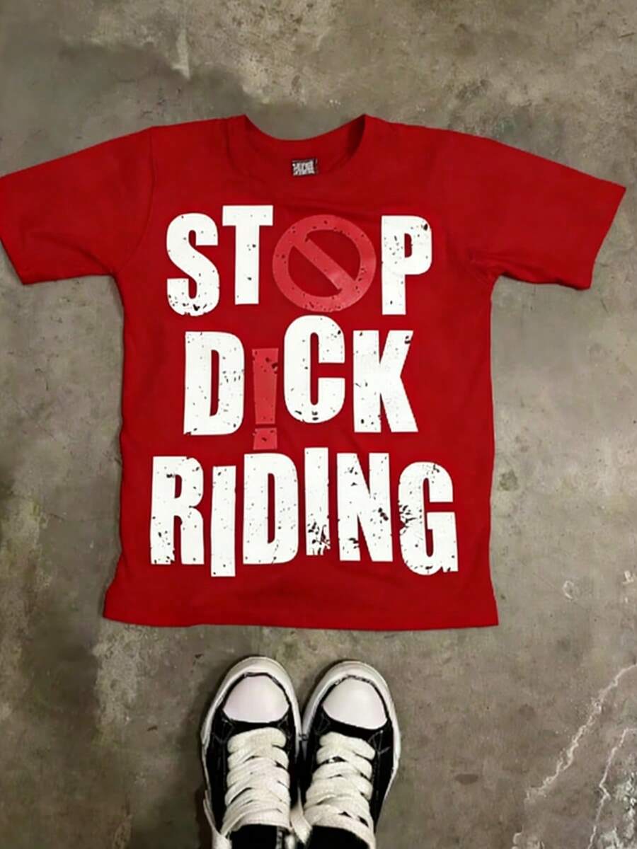 Plus Size Women T-Shirts,Stop Riding ,(1 Pcs )100% Cotton Casual Printed T-Shirt,Crew Neck Short Sleeve,220g  Cotton T-Shirt,For Going Out,Gift,Summer,Unisex - 紅色 - 查看 1