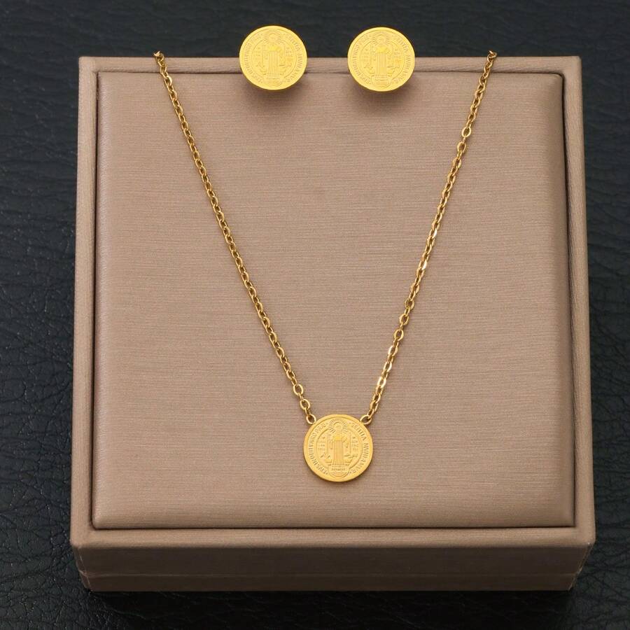 1set/3pcs Stainless Steel Saint Benedict Medal Necklace&Stud Earrings Set - Neutral, Light Luxury Simple Saint Benedict Of Nursia Round Coin Pendant, Daily Religious Accessories&Thoughtful Gifts, Eternal Fashion Item Suitable For All Seasons - Gold - View 1