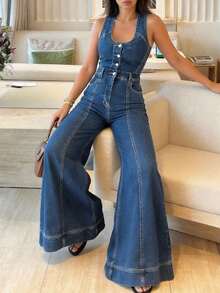 Magic Mia  Women's Sleeveless Wide Leg Jumpsuit - With Button Front Closure & Seam Detail | Flattering High Waisted Fit For Brunch Dates, Weekend Outings, Shopping Trips, Vacation Getaways, Casual Gatherings, Coffee Runs & Effortless Styling (Versatile & Figure-Enhancing) For Confident, Polished Looks - 藍色 - 查看 3