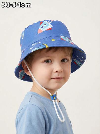 1pc Kids Cartoon Rocket, Planet, Dinosaur Printed Adjustable Outdoor Sun Hat, Windproof, Versatile For Daily Wear, Suitable For Spring/Summer