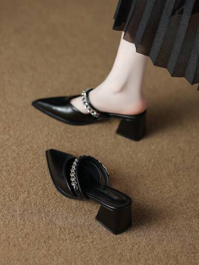 2026 Summer New Fashion Office Casual Versatile Party Women's Mule Shoes, Solid Brown Pointed Toe Slip-On Sandals, European And American Style Metal Chain Decor, Elegant Minimalist High Quality High Heel Roman Sandals, Suitable For Wide Leg Pants And Dresses