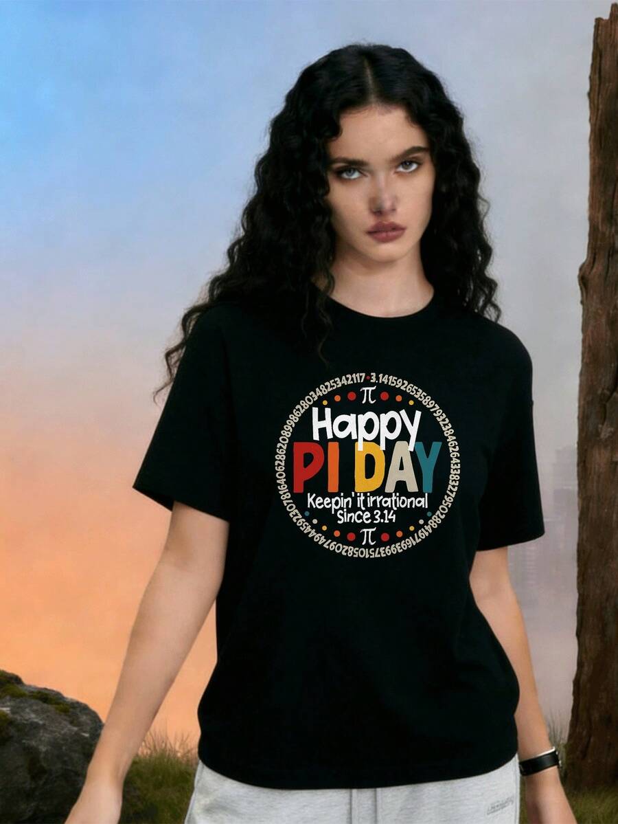 Playera Cuello Redondo para Mujer de Algodón Suave y Transpirable con Diseño de Día de Pi Divertido Letras Coloridas y Números Matemáticos para Uso Diario y Cumpleaños de Pi Festivo y Comodo p - Negro - Ver 1