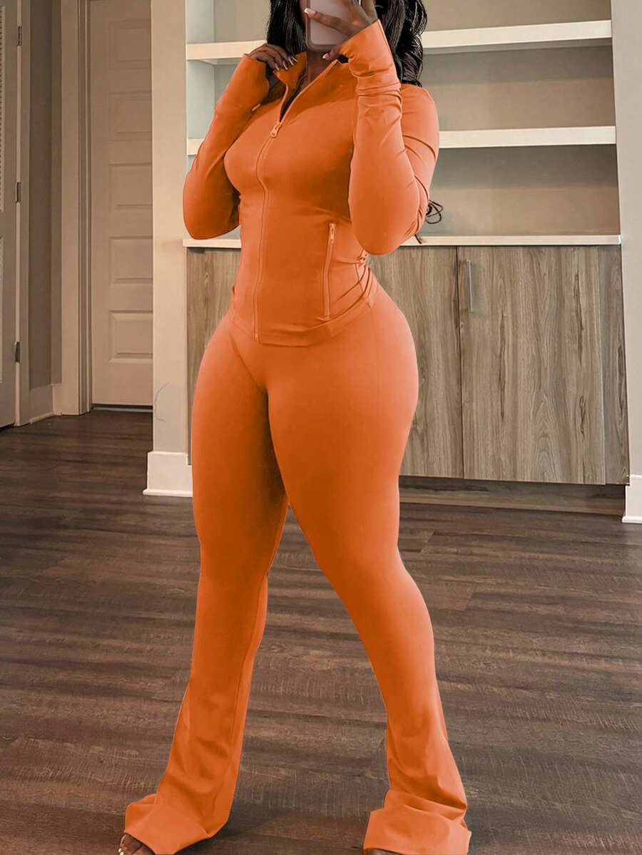 LovelyWholesale Women's Casual Stand Collar Long Sleeve Solid Color Zip-Up Fitted Top And Yoga Pants Set, Spring Outfit Elegant - Orange - View 1