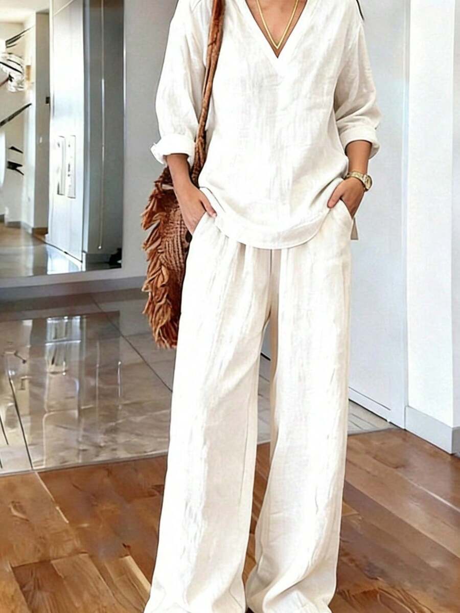 Conjunto de Primavera 2026 para Mujer: Top de Moda y Pantalones de Corte Ancho, Estilo Casual - Blanco - Ver 1