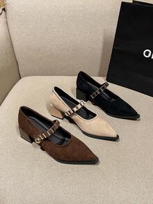 2026春季新款女鞋，复古玛丽珍粗跟尖头浅口鞋，金属搭扣设计，通勤及日常穿着，棕色、米色、黑色 - 黑色 - 查看 9