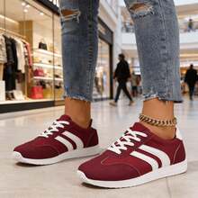 1 par de zapatillas casuales ligeras para mujer, zapatos planos cómodos de cordones para caminar - Rojo - Ver 5