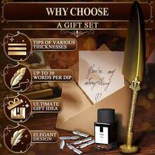 Feather Quill Pen And Ink Set – Stand & Gift Box, Golden Writing Quill And Ink Set With 5 Nibs, Patterned Anti-Slip Grip – Stainless Steel Dip Pen For Signing & Writing | Calligraphy Gift - Gold - View 5
