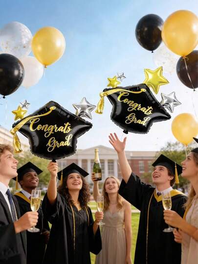 4 Pieces Graduation Cap Balloons, 27.95 Inch Black Gold Congrats Grad Balloons, For Class Of 2026 Grad Party Decorations, Grad Decor Supplies