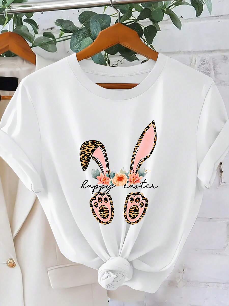 Camiseta De Manga Corta Para Mujer Con Estampado Vintage Dulce Y Fresco De Feliz Pascua, Casual Y Versátil Para El Día A Día De Primavera Y Verano, Elegante Ropa De Mujer Para El Festival De Primavera Y Pascua, Diseño Deportivo Y Moderno, Cuello Redondo Simple, Cómoda Y Transpirable - [Blanco] - Ver 1