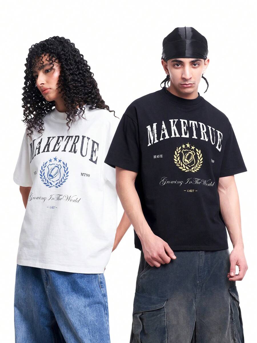 MT99 休闲足球图案印花圆领短袖T恤，充满度假风情 - 黑色 - 查看 1