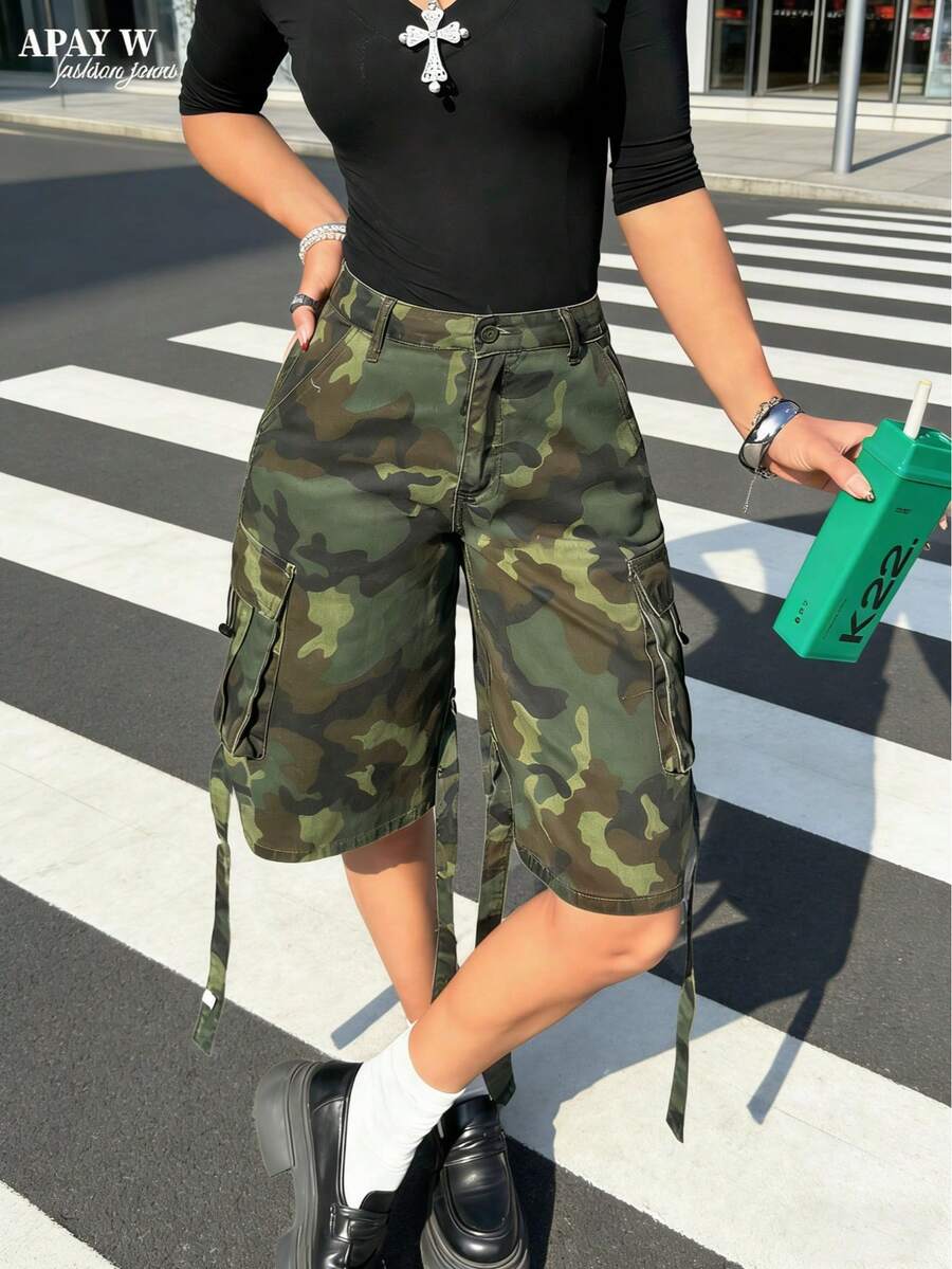 女式低腰迷彩宽松阔腿九分牛仔裤 - 迷彩 - 查看 1