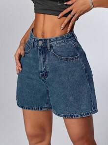 Quần short denim nữ cạp cao đa năng, kiểu dáng cổ điển, dáng rộng, dài đến đầu gối, phong cách retro thường ngày, thời trang mùa hè. - Rửa trung bình - Xem 4