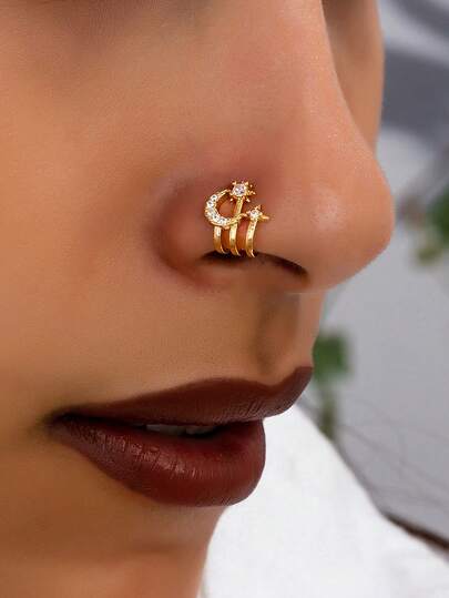 1 pieza Aro de nariz en forma de media luna y estrella clásico, clip/aro de metal geométrico con cristal falso, adecuado para mujeres de Oriente Medio elegantes para uso diario, fiestas y eventos