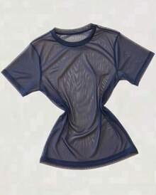 Women's Transparent Tulle Gym Blouse - Women's Sports Tulle T-Shirt - Women's Transparent Mesh Tulle Shirt - 藏蓝色 - 查看 5