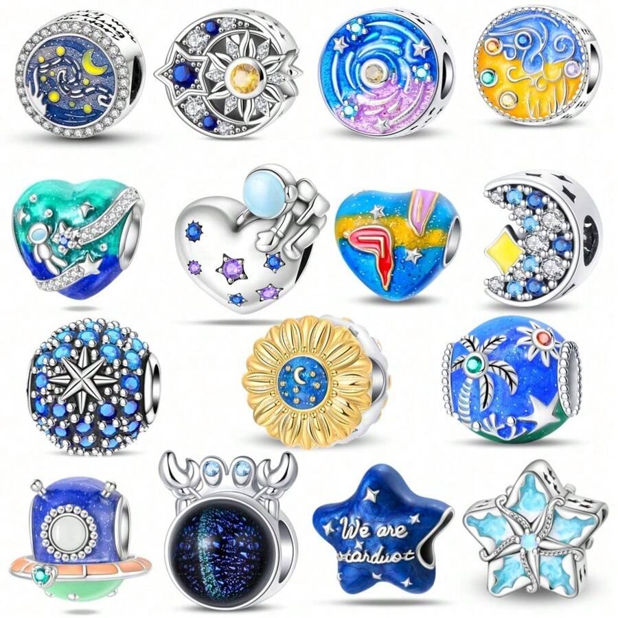 1颗镀银吊坠珠，星月系列 - 珠子，璀璨星系珠，浩瀚星空珠，星空向日葵珠，星夜油画珠，夜景睡莲珠，水下星空珠，永恒时光珠，宇宙之旅珠，发光飞船珠，星空蓝闪珠，珠串，星光玻璃蟹，蓝色星系珠串，五角星珠，适用于3毫米手链DIY，女士珠宝，生日订婚派对礼物 - 彩色 - 查看 1