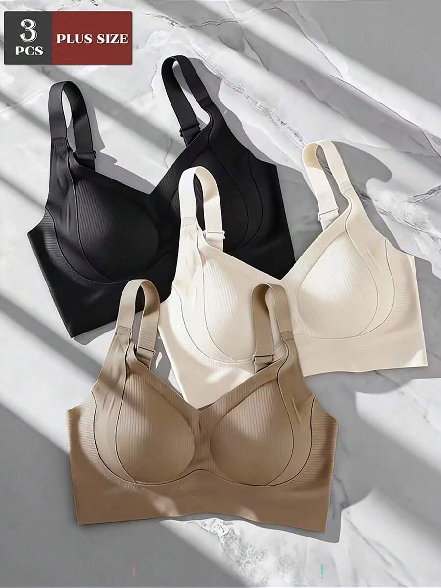 3-Piece Seamless Breathable Wireless Sports Bra For Women - Full Coverage Design, Anti-Slip Material, With Lifting And Support Functions, Comfortable To Wear, Ribbed Details, Made Of Nylon And Elastic Fiber Blend, Hand Wash. Elegant Solid Color Design. - Nhiều màu - Xem 1