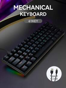 1pc K33 Wired Mechanical Gaming Keyboard, Detachable 61-Key RGB Backlit Blue Switch Mechanical Keyboard, Computer Accessory - View 2