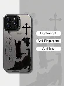 1pc Dark Personalized Cat Cross Slogan Graphic Black & Silver Phone Case, Compatible With IPhone 16/16Pro/16Plus/16ProMax, 11/11Pro/11ProMax, 12/12Pro/12ProMax, 13/13Pro/13ProMax, 14/14Plus/14Pro/14ProMax, 15/15Pro/15Plus/15ProMax - Multicolor - View 4