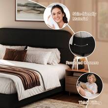 Queen Bed Frame With Headboard, Boucle Upholstered Soft Platform Bed Frame With Thickened Footboard,  Rounded Corners Design, Twin/ Full/ Queen/ King, Grey/ White/ Beige/ White/ Black - 黑色 - 查看 2