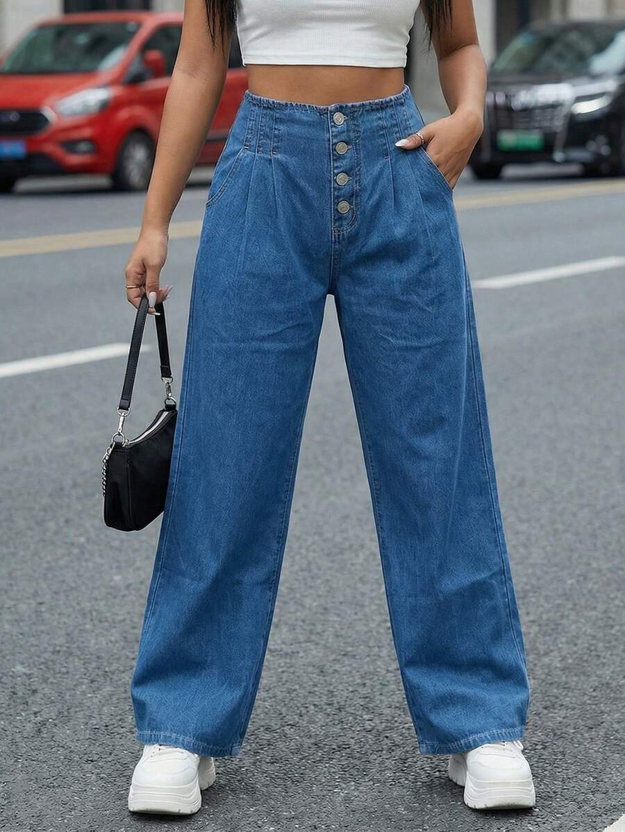 Jeans anchos de mujer de talle medio sin elastano para looks urbanos - Azul lavado oscuro - Ver 1