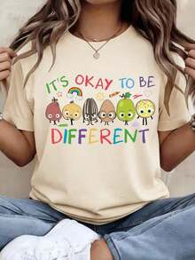 Camiseta "Está bien ser diferente", regalo de neurodiversidad, camiseta de educación especial, camisetas de maestros de CAA, camiseta gráfica estampada, top casual de manga corta para mujer Ropa deportiva estilo Y2K, cuello redondo, 100% algodón, tejido suave, manga corta. - Albaricoque 2 - Ver 3