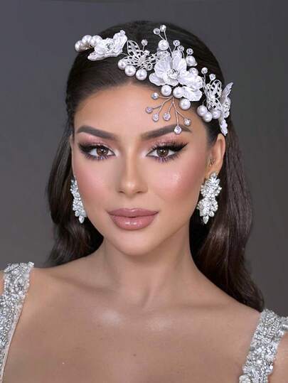 1pc Silver Women's Headpiece, Exquisite Floral Headband, Resin Flower Faux Pearl Rhinestone Headband, Bridal Headpiece, Garden Wedding Banquet Party Dressing Headpiece, Hair Accessories, Women's Accessories, Wedding Accessories, Spring And Summer Hair Accessories