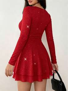 Women's Red Sparkling Square-Neck Mini Dress With Long Sleeves And Ruffled Layered Design, Fitted For Festive Parties And Celebratory Nights Out - 紅色 - 查看 6