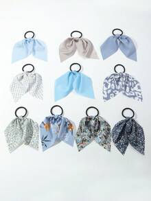 10pcs Women's Minimalist Bohemian Style Blue Printed Hair Scrunchies Set, Suitable For Daily Wear In Spring And Summer - Multicolor - View 3