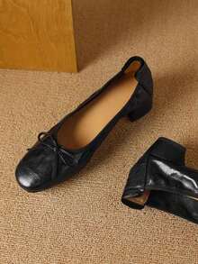 Handmade Comfortable Women's Shoes, Round Toe Slip-On Bow Decor Soft Bottom Flat/High Heel Ballet Flats, New Spring/Autumn 2026 Collection - Black - View 4