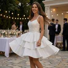 Elasola Đầm cưới kiểu vũ công ba lê hở lưng đính sequin cầu vồng, đầm dạ hội nhiều lớp cho lễ tốt nghiệp, dạ hội, tiệc cưới mùa hè thanh lịch. - trắng - Xem 4