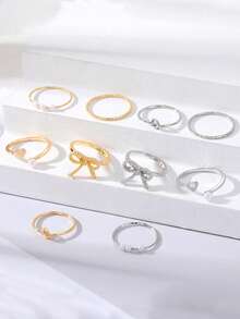 5件套清新甜美设计百搭温柔珍珠蝴蝶结开口戒指和心形戒指 - 彩色 - 查看 4